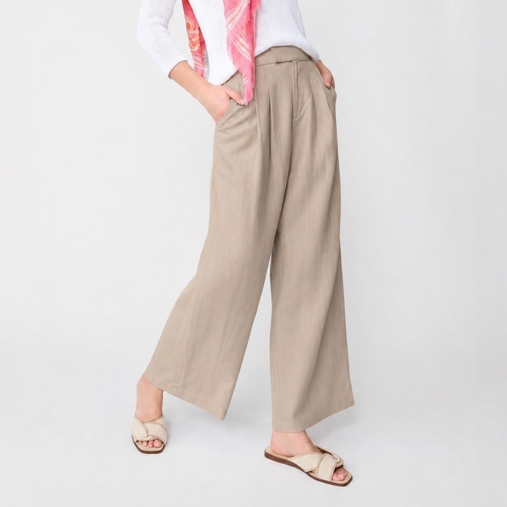 NWT J.McLaughlin Amal Pants Tan Linen Cotton Blend Wide Leg High Rise Pleated 14